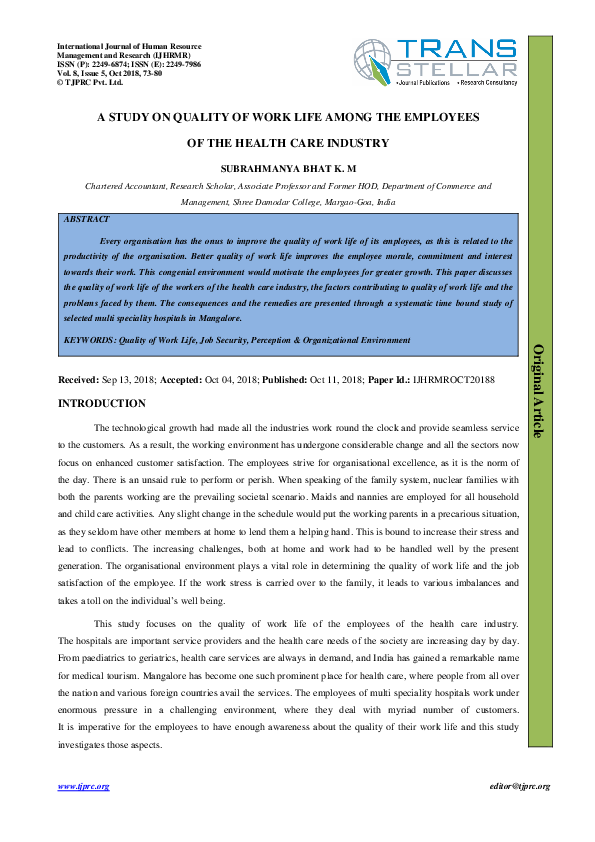 (PDF) A STUDY ON QUALITY OF WORK LIFE AMONG THE EMPLOYEES OF THE HEALTH ...