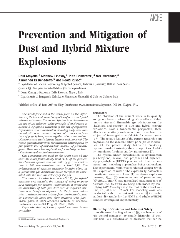(PDF) Prevention and mitigation of dust and hybrid mixture explosions