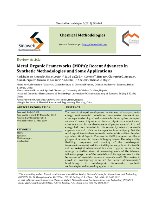 PDF) Metal-Organic Frameworks (MOFs): Recent Advances in Synthetic