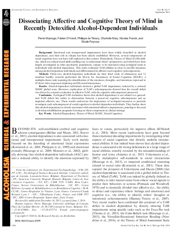 (PDF) Dissociating Affective and Cognitive Theory of Mind in Recently ...