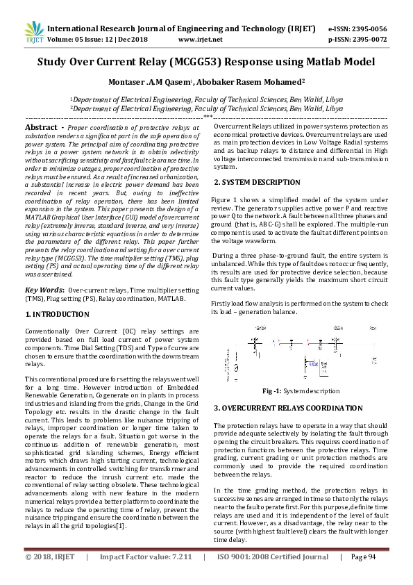(PDF) IRJETStudy Over Current Relay (MCGG53) Response using Matlab