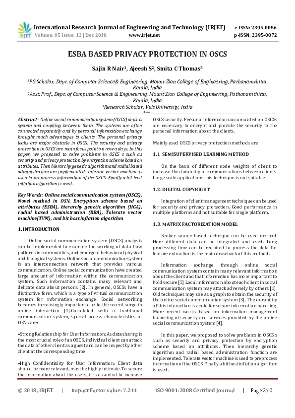 (PDF) IRJET- ESBA BASED PRIVACY PROTECTION IN OSCS Novel method in OSN ...