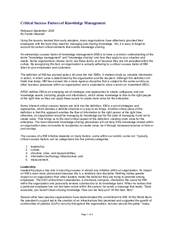 Pdf Critical Success Factors Of Knowledge Management Mehdi