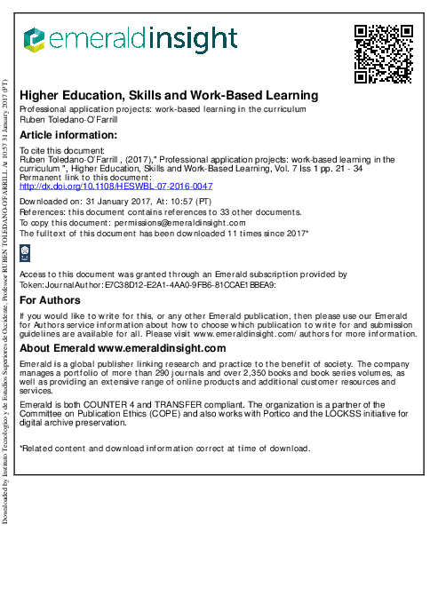 (PDF) Professional application projects: work-based learning in the ...