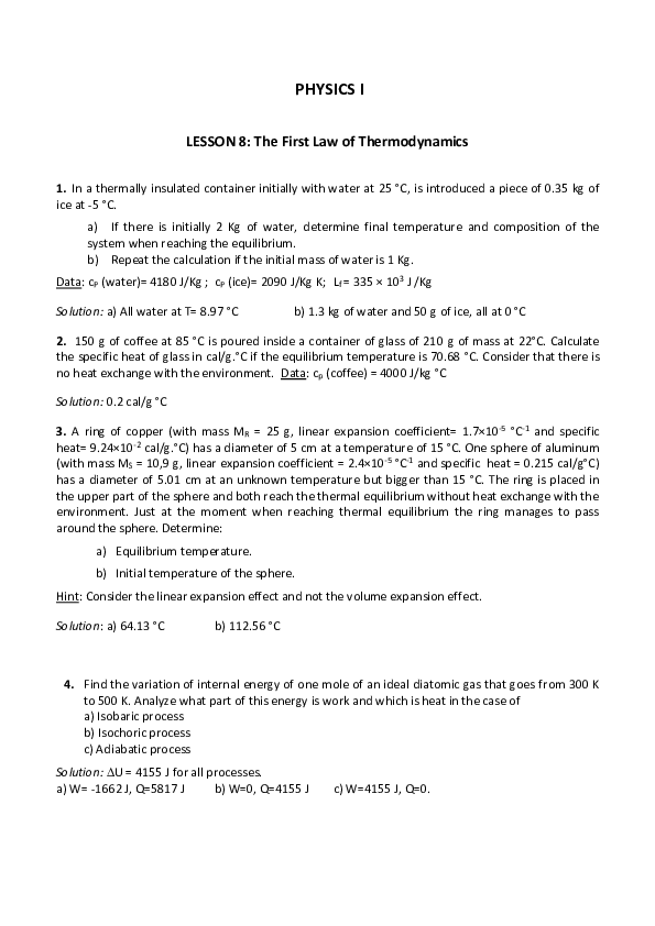 (DOC) PHYSICS I LESSON 8: The First Law of Thermodynamics