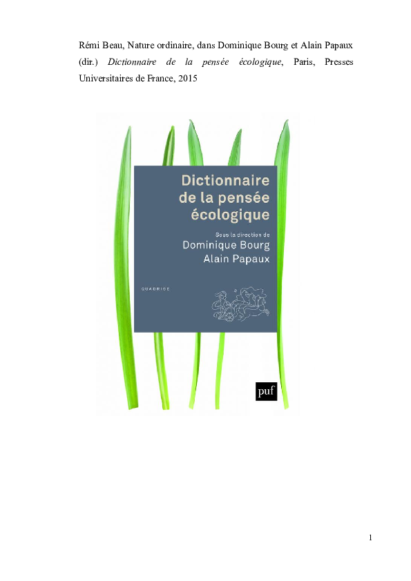 (PDF) "Nature (ordinaire)", dans Dominique Bourg et Alain Papaux (dir
