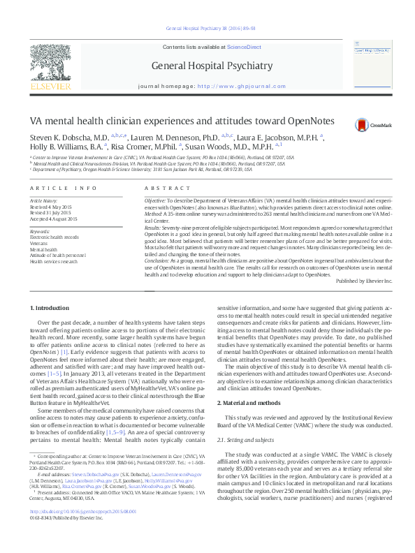 (PDF) VA mental health clinician experiences and attitudes toward OpenNotes