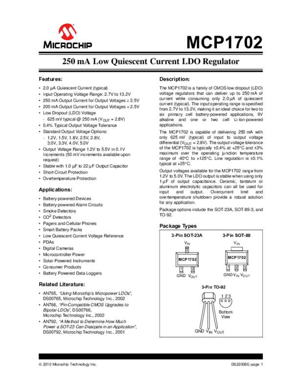 (PDF) MCP1702 250 mA Low Quiescent Current LDO Regulator