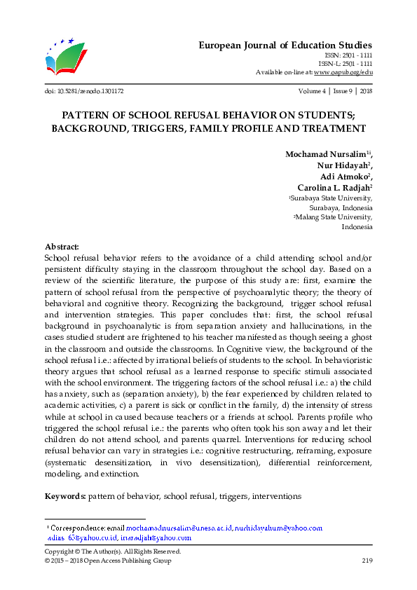 (PDF) PATTERN OF SCHOOL REFUSAL BEHAVIOR Mochamad Nursalim Academia.edu