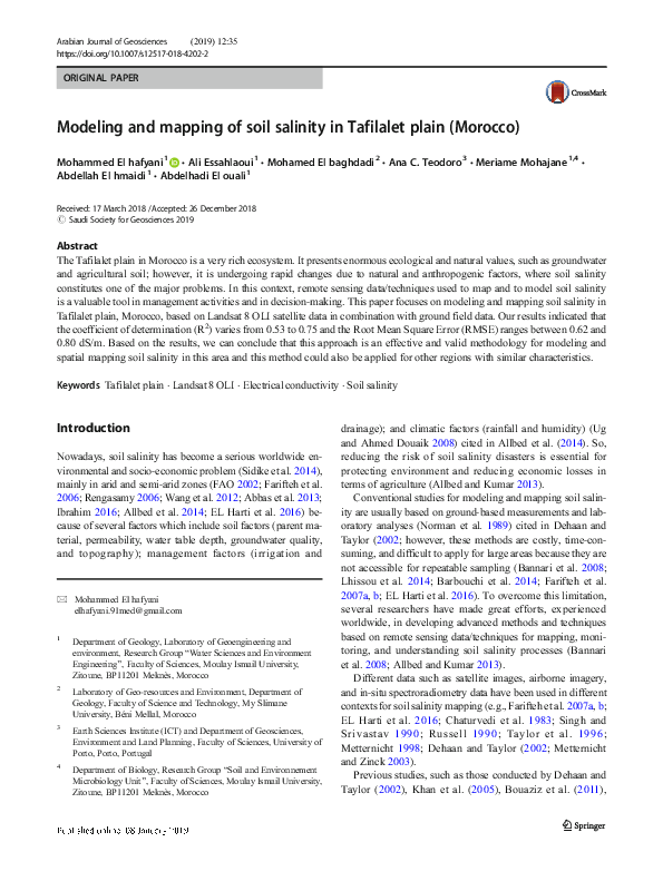 (PDF) Modeling and mapping of soil salinity in Tafilalet plain (Morocco)