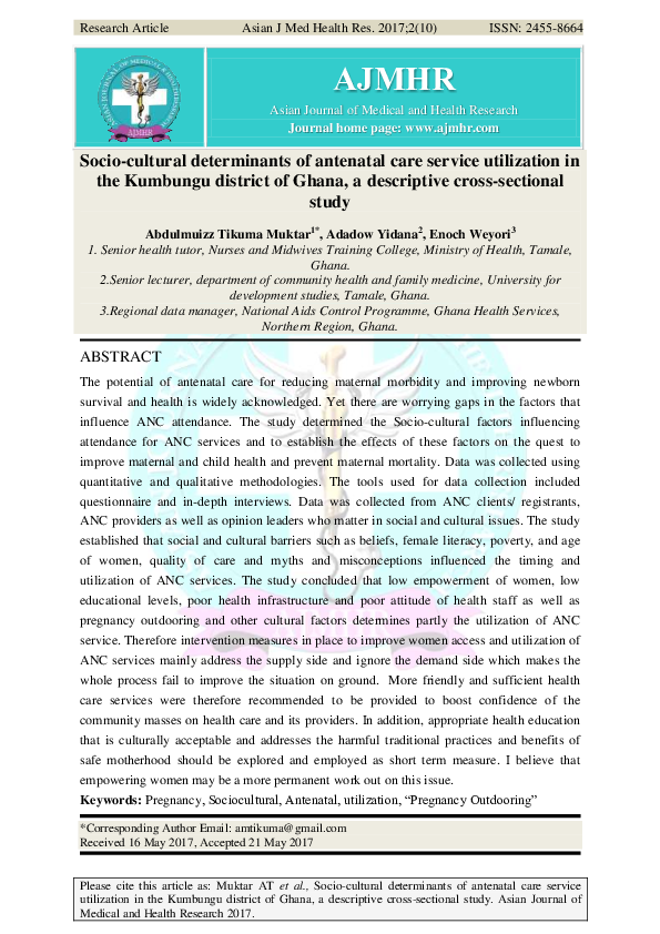 (PDF) Socio-cultural determinants of antenatal care service utilization ...