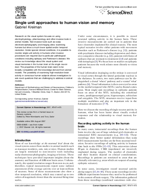 (PDF) Single unit approaches to human vision and memory