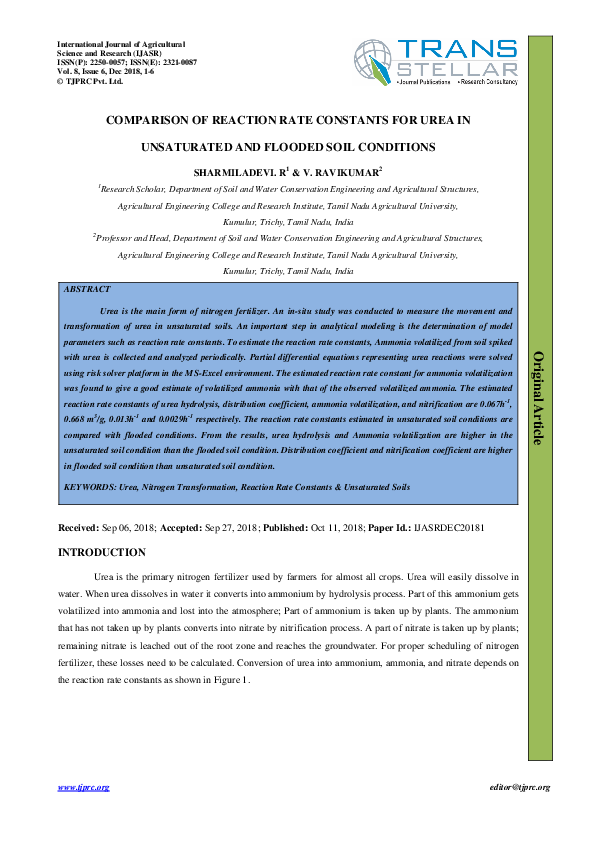 (PDF) COMPARISON OF REACTION RATE CONSTANTS FOR UREA IN UNSATURATED AND ...