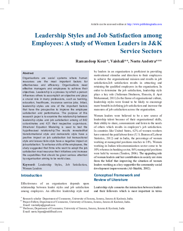 (PDF) Leadership Styles and Job Satisfaction among Employees: A study ...