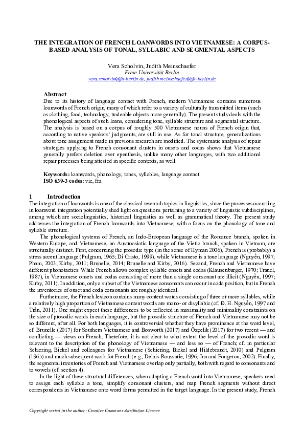 (PDF) The integration of French loanwords into Vietnamese: A corpus ...