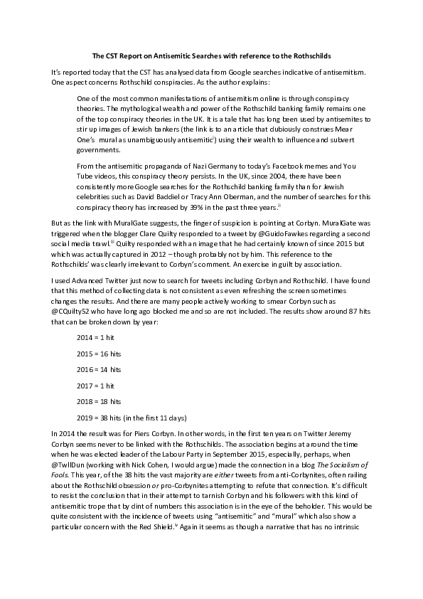 The CST Report on Antisemitic Searches with reference to the Rothschilds