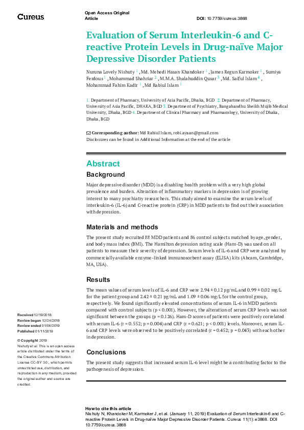 (PDF) Evaluation of Serum Interleukin-6 and C-reactive Protein Levels ...