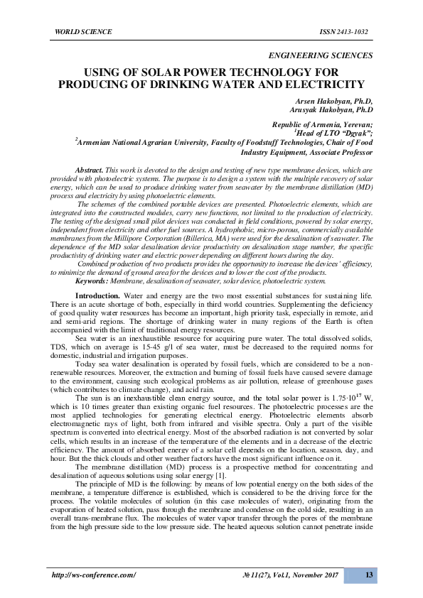 (PDF) USING OF SOLAR POWER TECHNOLOGY FOR PRODUCING OF DRINKING WATER