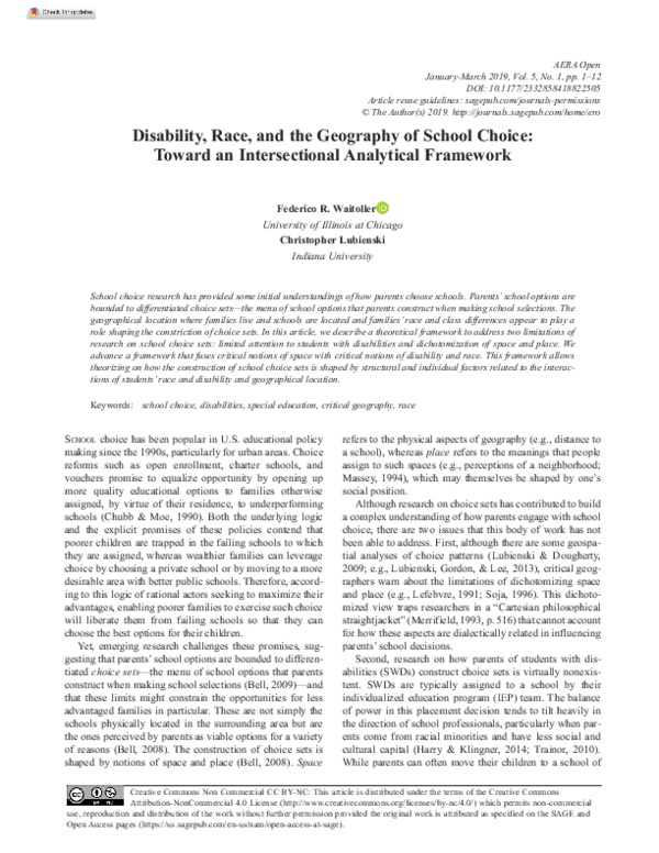 (PDF) Disability, Race, and the Geography of School Choice Towards an Intersectional Analytical