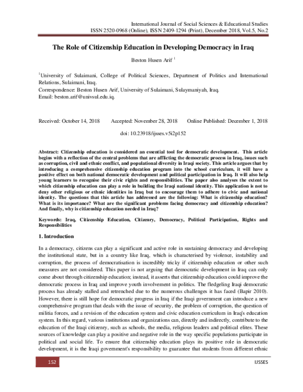 (PDF) The Role of Citizenship Education in Developing Democracy in Iraq