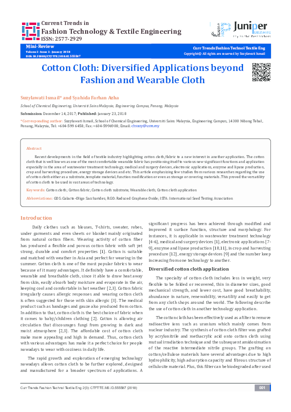 (PDF) Cotton Cloth Diversified Application Beyond Fashion and Wearable ...