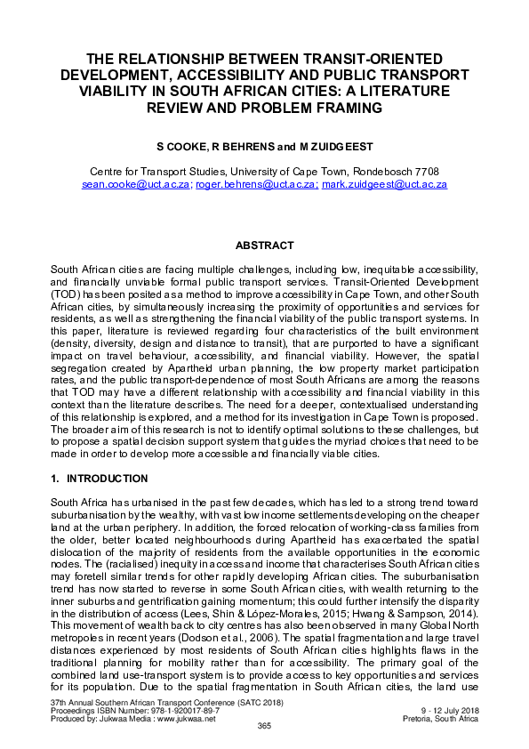 The relationship between transit-oriented development, accessibility and public transport viability in South African cities: A literature review and problem framing