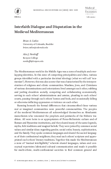 (PDF) Interfaith Dialogue and Disputation in the Medieval Mediterranean