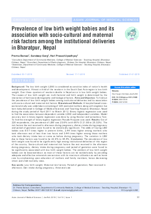 (PDF) Prevalence of low birth weight babies and its association with ...