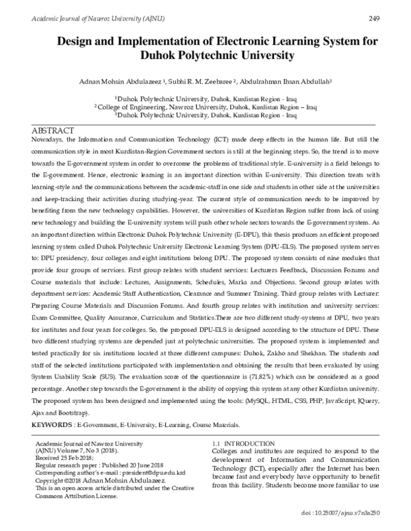 (PDF) Design and Implementation of Electronic Learning System for Duhok ...