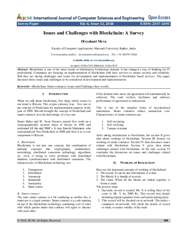 (PDF) Issues and Challenges with Blockchain: A Survey