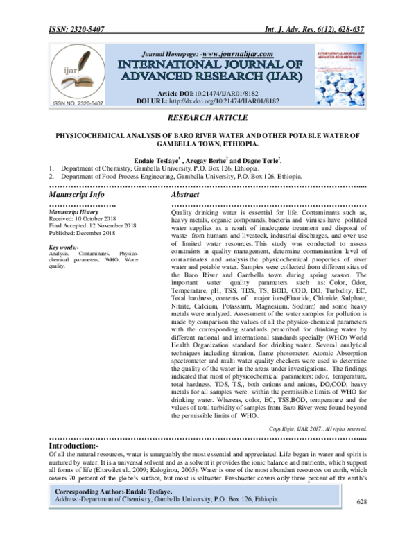 (PDF) PHYSICOCHEMICAL ANALYSIS OF BARO RIVER WATER AND OTHER POTABLE
