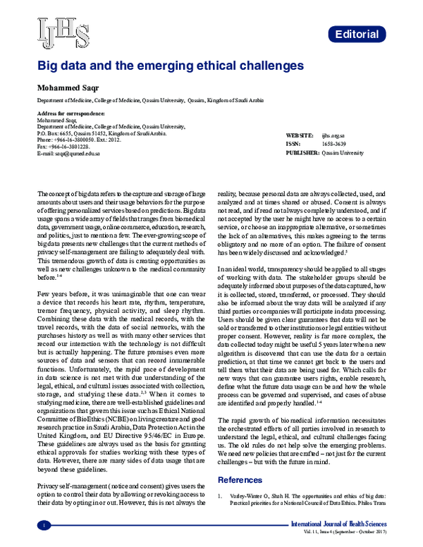(PDF) Big data and the emerging ethical challenges