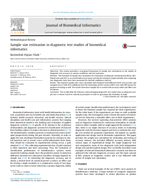 Pdf Sample Size Estimation In Diagnostic Test Studies Of Biomedical Informatics Maria Alvarado Academia Edu