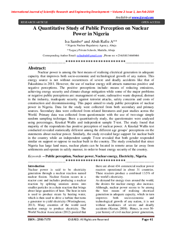 (PDF) A Quantitative Study of Public Perception on Nuclear Power in Nigeria