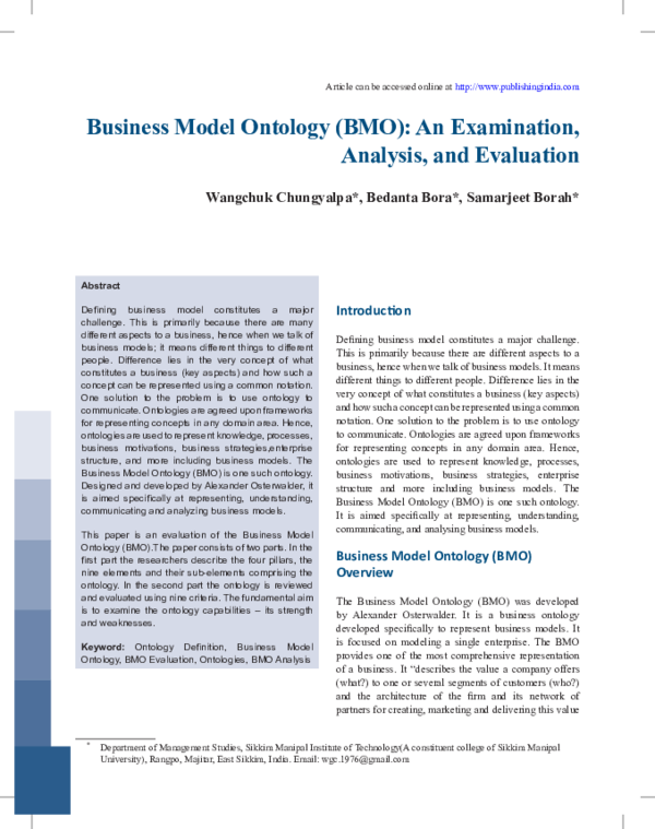 (PDF) Business Model Ontology (BMO): An Examination, Analysis, and ...