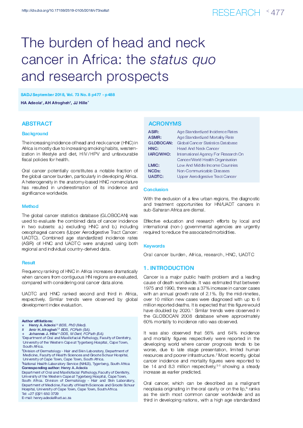 (PDF) The burden of head and neck cancer in Africa: the status quo and ...