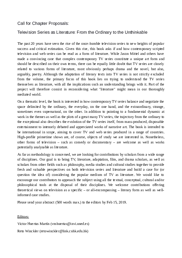 (PDF) Call for Chapter Proposals- Television Series as Literature- From ...