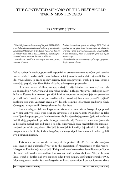 (PDF) The Contested Memory of the First World War in Montenegro