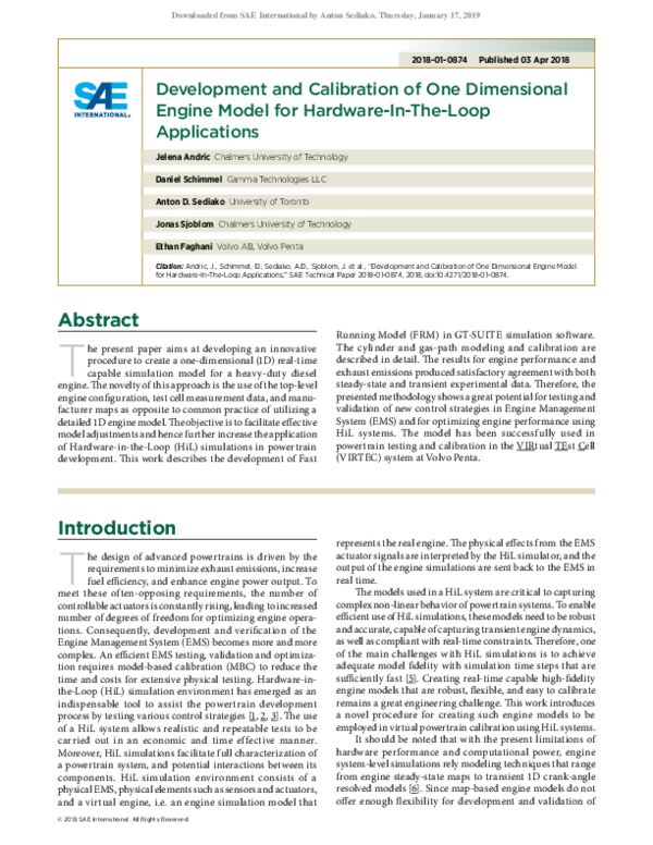 (PDF) Development and Calibration of One Dimensional Engine Model for HardwareInTheLoop