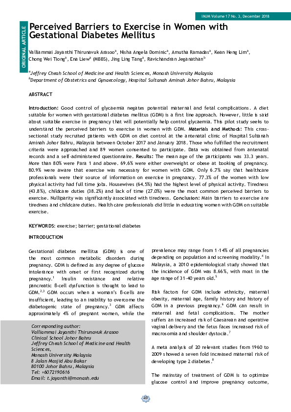 (PDF) Perceived Barriers to Exercise in Women with Gestational Diabetes ...