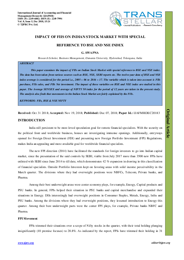 (PDF) IMPACT OF FIIS ON INDIAN STOCK MARKET WITH SPECIAL REFERENCE TO ...