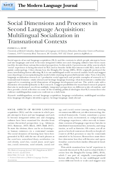 (PDF) Social dimensions and processes in second language acquisition ...