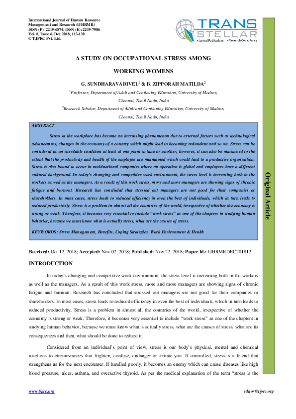 (PDF) A STUDY ON OCCUPATIONAL STRESS AMONG WORKING WOMENS