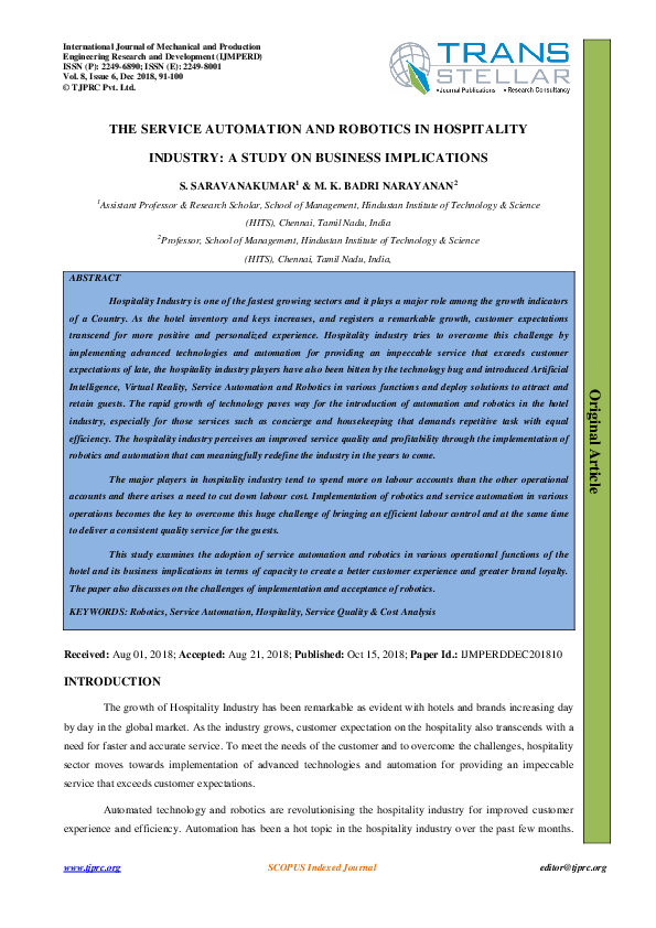 (PDF) THE SERVICE AUTOMATION AND ROBOTICS IN HOSPITALITY INDUSTRY: A ...