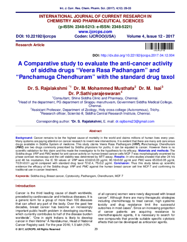 (PDF) A Comparative studyto evaluate the anti-cancer activityof siddha ...