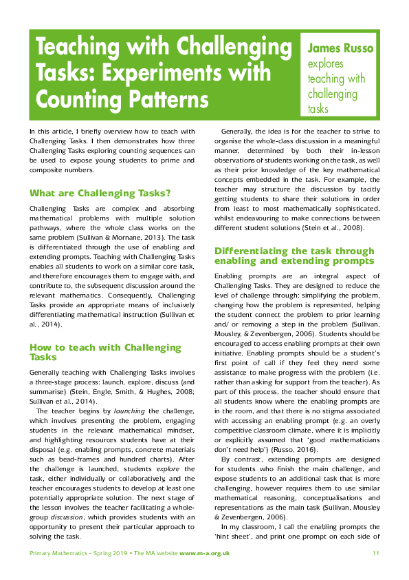 (PDF) Teaching with Challenging Tasks: Experiments with Counting Patterns