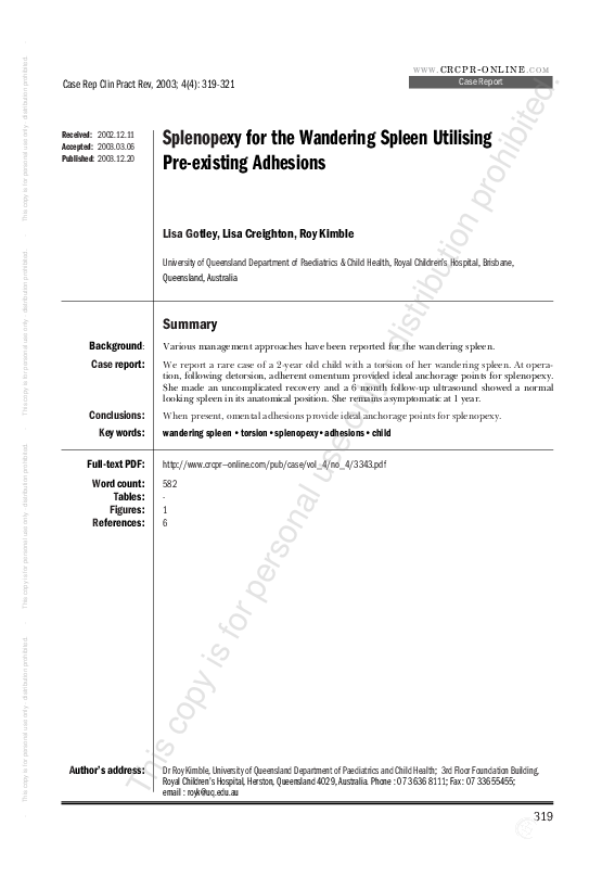 (PDF) Splenopexy for the wandering spleen utilising pre-existing adhesions