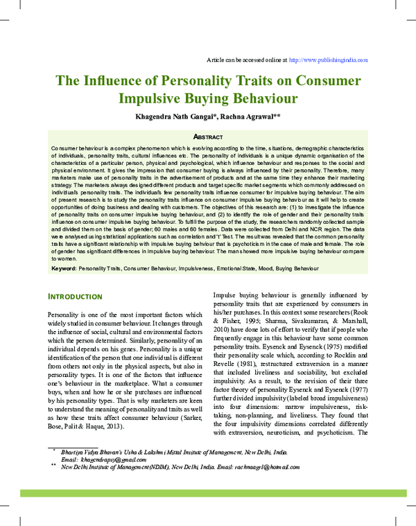 (PDF) The Influence of Personality Traits on Consumer Impulsive Buying ...