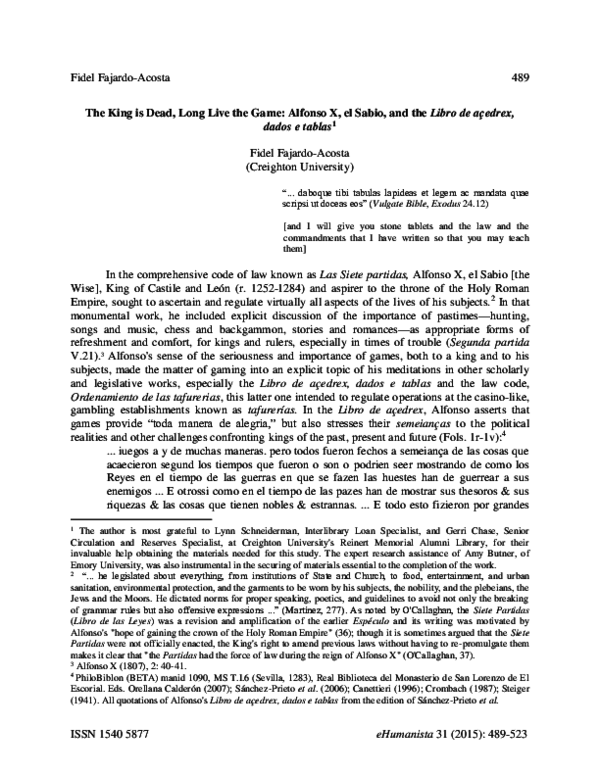 The King is Dead, Long Live the Game: Alfonso X, el Sabio, and the  Libro de açedrex,  dados e tablas