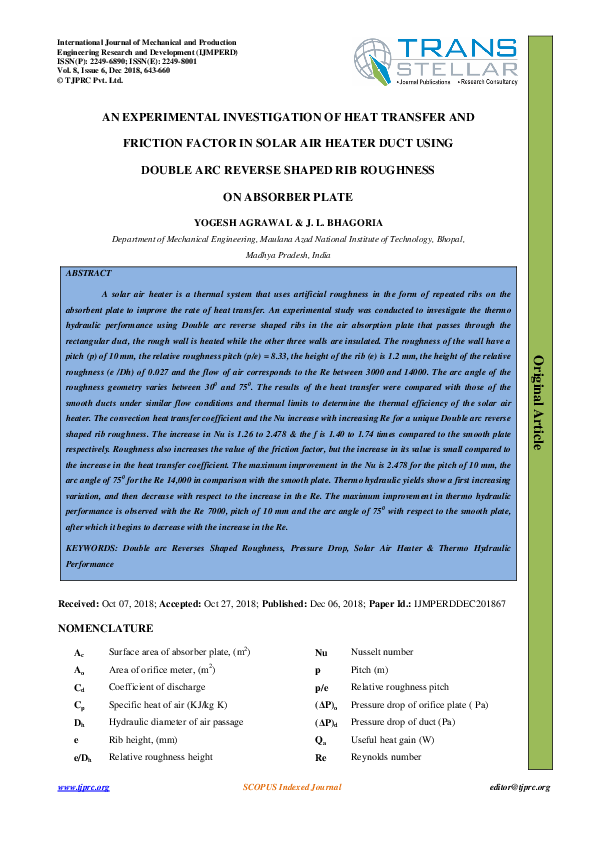 (PDF) AN EXPERIMENTAL INVESTIGATION OF HEAT TRANSFER AND FRICTION ...